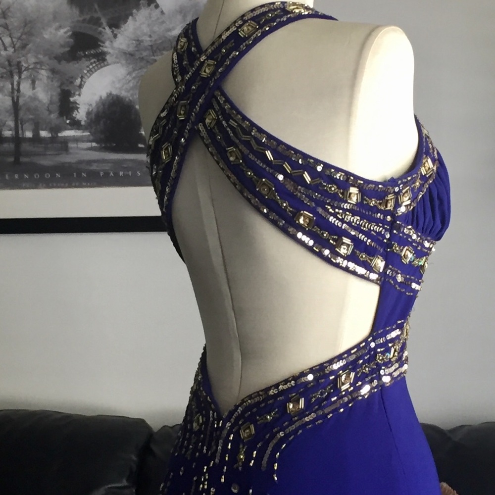 VTG Y2K Halley Logan Royal Blue Crisscross Beaded Halter Dress. Worn Once - Picture 9 of 16